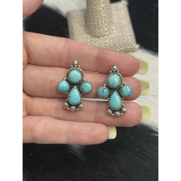 Native American Sterling Silver Blue Ridge Turquoise Post Earrings Cluster Drop